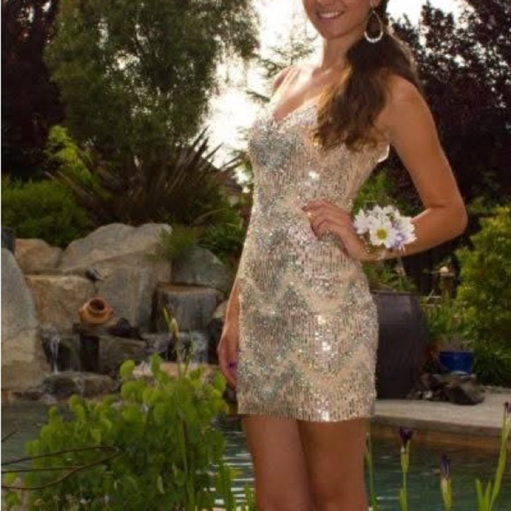 La Femme Sequin & Rhinestone Gold Mini Dress - Prom, Formal, Party